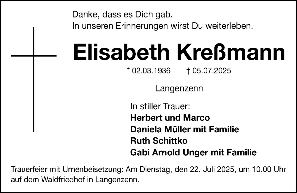  Traueranzeige für Elisabeth Kreßmann vom 19.07.2025 aus Fürther Nachrichten Lokal