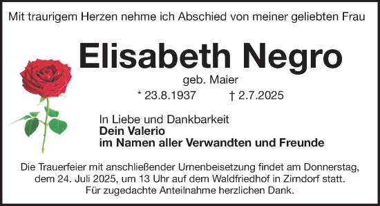 Traueranzeige von Elisabeth Negro von Gesamtausgabe Nürnberger Nachrichten/ Nürnberger Ztg.