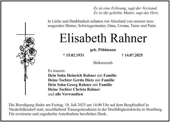 Traueranzeige von Elisabeth Rahner von Nordbayerische Nachrichten Forchheim Lokal