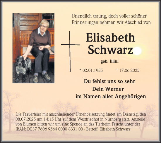 Traueranzeige von Elisabeth Schwarz von Gesamtausgabe Nürnberger Nachrichten/ Nürnberger Ztg.