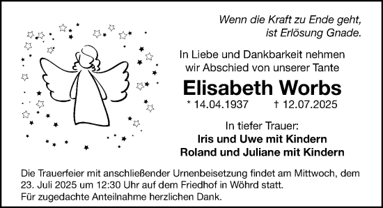 Traueranzeige von Elisabeth Worbs von Gesamtausgabe Nürnberger Nachrichten/ Nürnberger Ztg.