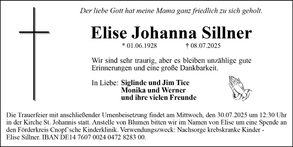  Traueranzeige für Elise Johanna Sillner vom 26.07.2025 aus Gesamtausgabe Nürnberger Nachrichten/ Nürnberger Ztg.