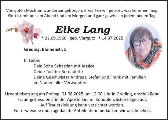Traueranzeige von Elke Lang von Roth-Hilpoltsteiner Volkszeitung Lokal