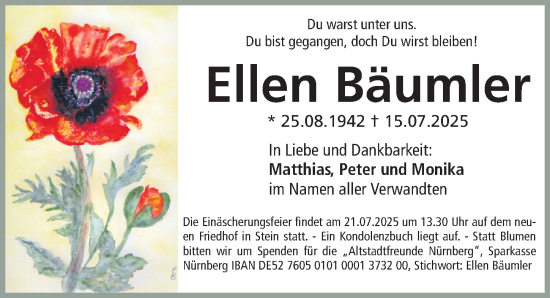 Traueranzeige von Ellen Bäumler von Gesamtausgabe Nürnberger Nachrichten/ Nürnberger Ztg.