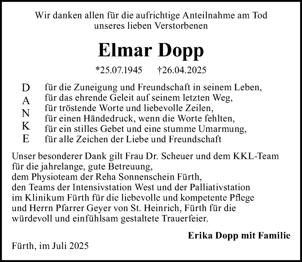  Traueranzeige für Elmar Dopp vom 26.07.2025 aus Gesamtausgabe Nürnberger Nachrichten/ Nürnberger Ztg.