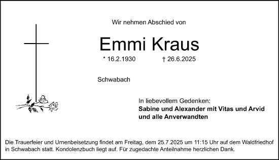 Traueranzeige von Emmi Kraus von Schwabacher Tagblatt Lokal