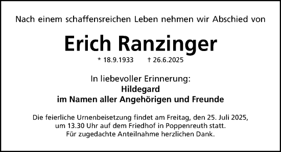 Traueranzeige von Erich Ranzinger von Fürther Nachrichten Lokal