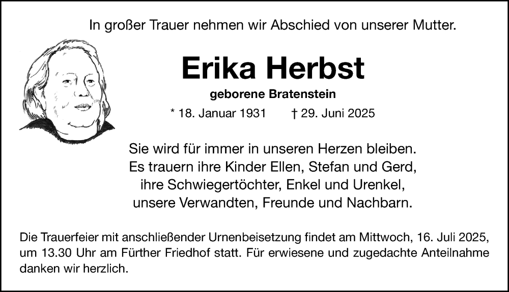  Traueranzeige für Erika Herbst vom 12.07.2025 aus Fürther Nachrichten Lokal