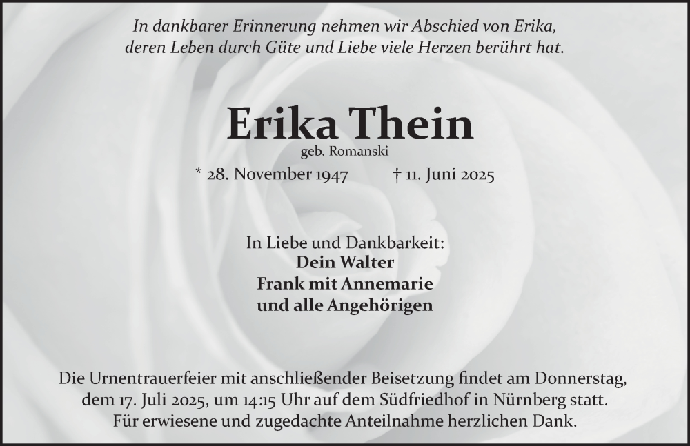  Traueranzeige für Erika Thein vom 12.07.2025 aus Gesamtausgabe Nürnberger Nachrichten/ Nürnberger Ztg.