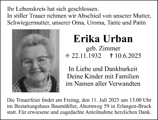 Traueranzeige von Erika Urban von Erlanger Nachrichten Lokal