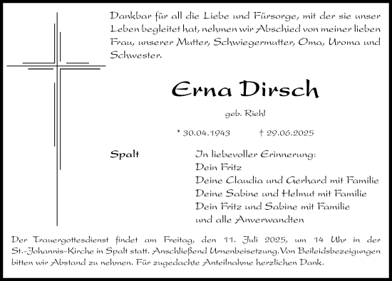 Traueranzeige von Erna Dirsch von Roth-Hilpoltsteiner Volkszeitung Lokal