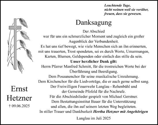 Traueranzeige von Ernst Hetzner von Altmühl-Bote Lokal