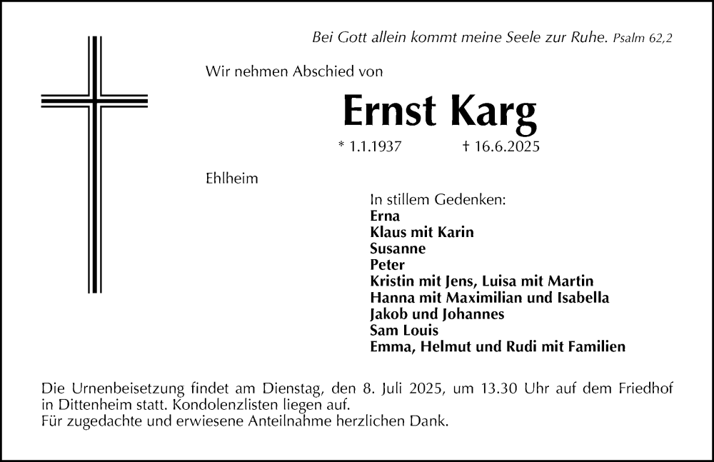  Traueranzeige für Ernst Karg vom 05.07.2025 aus Altmühl-Bote Lokal