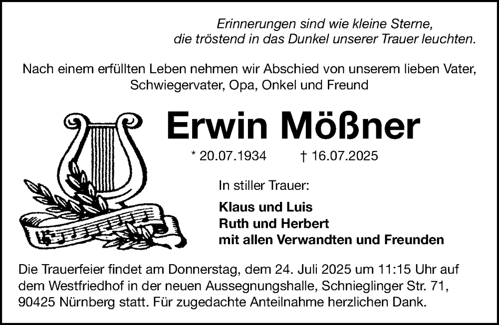 Traueranzeige für Erwin Mößner vom 19.07.2025 aus Gesamtausgabe Nürnberger Nachrichten/ Nürnberger Ztg.