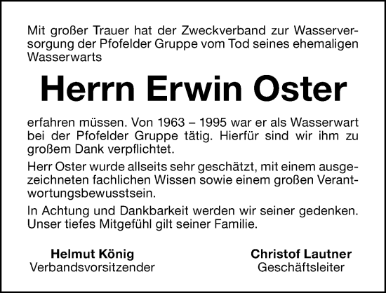 Traueranzeige von Erwin Oster von Altmühl-Bote Lokal