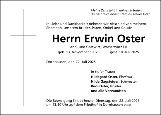 Traueranzeige von Erwin Oster von Altmühl-Bote Lokal