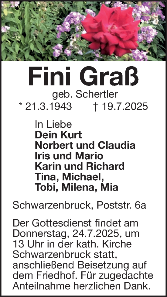 Traueranzeige von Fini Graß von Gesamtausgabe Nürnberger Nachrichten/ Nürnberger Ztg.