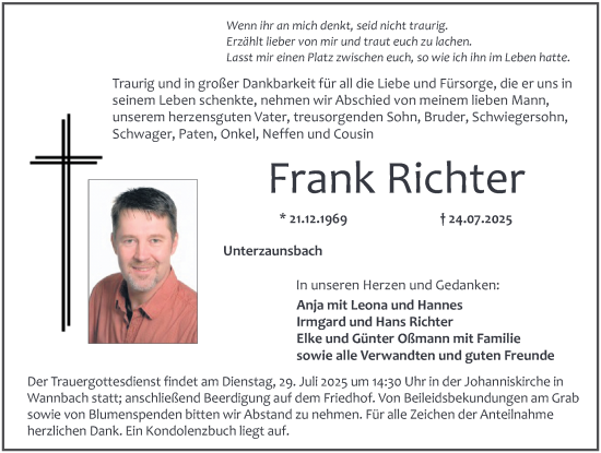 Traueranzeige von Frank Richter von Nordbayerische Nachrichten Forchheim Lokal