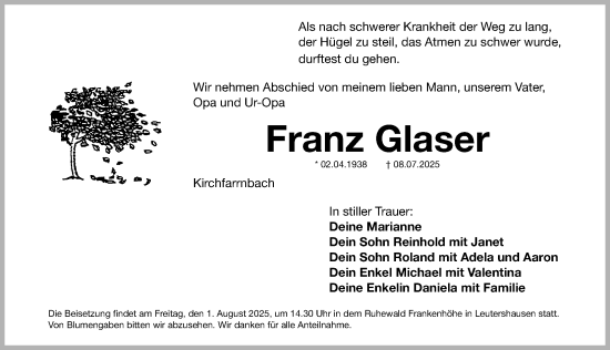 Traueranzeige von Franz Glaser von Fürther Nachrichten Lokal