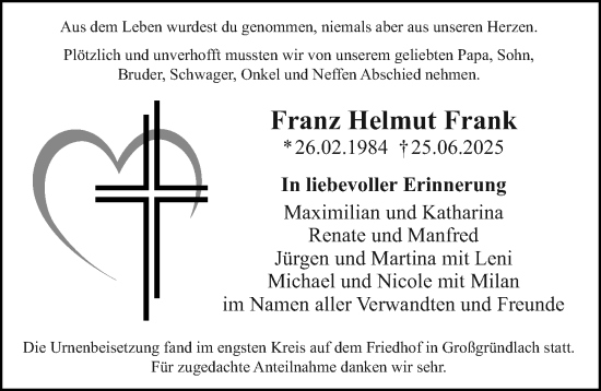 Traueranzeige von Franz Helmut Frank von Gesamtausgabe Nürnberger Nachrichten/ Nürnberger Ztg.