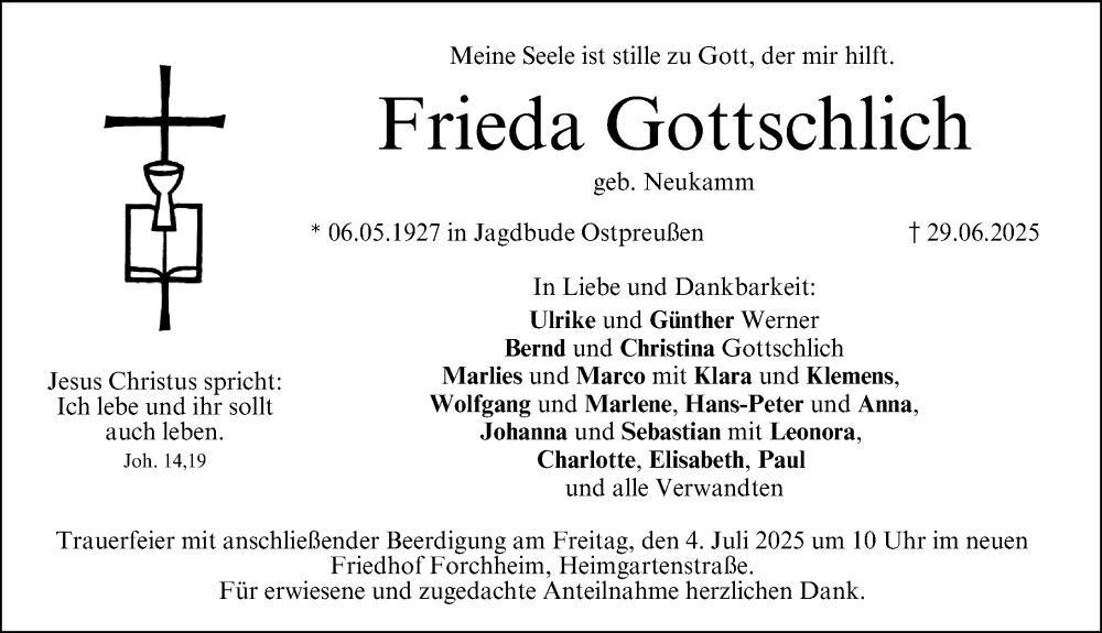  Traueranzeige für Frieda Gottschlich vom 02.07.2025 aus Nordbayerische Nachrichten Forchheim Lokal