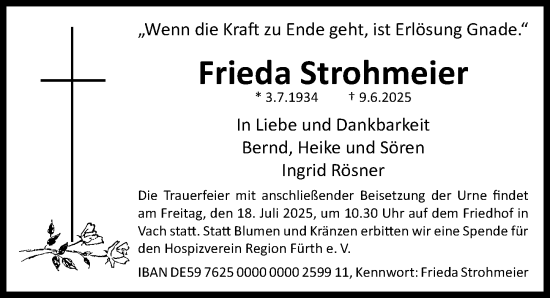 Traueranzeige von Frieda Strohmeier von Fürther Nachrichten Lokal