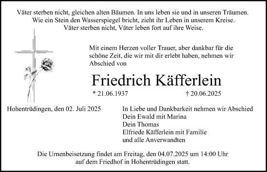 Traueranzeige von Friedrich Käfferlein von Altmühl-Bote Lokal