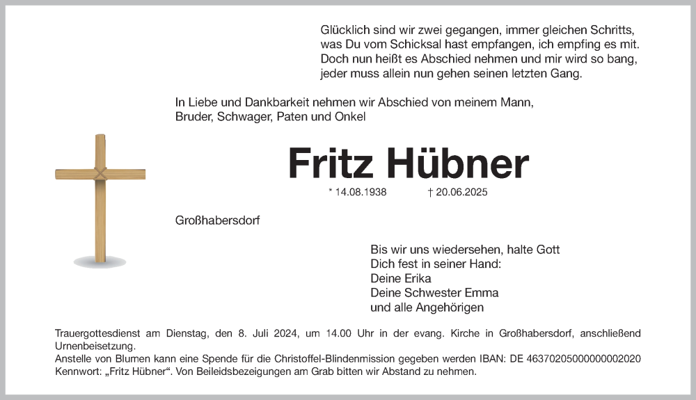  Traueranzeige für Fritz Hübner vom 05.07.2025 aus Fürther Nachrichten Lokal