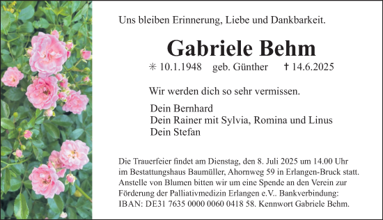 Traueranzeige von Gabriele Behm von Erlanger Nachrichten Lokal