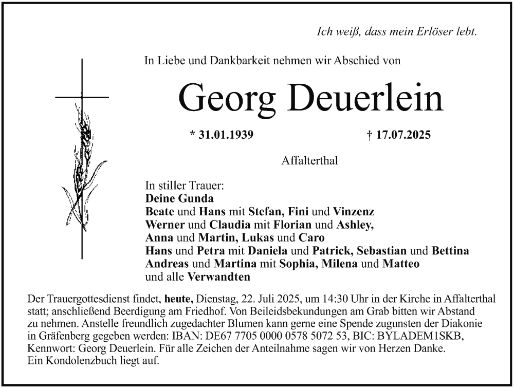  Traueranzeige für Georg Deuerlein vom 22.07.2025 aus Nordbayerische Nachrichten Forchheim Lokal
