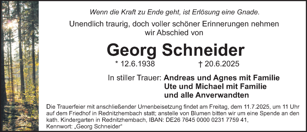  Traueranzeige für Georg Schneider vom 05.07.2025 aus Schwabacher Tagblatt Lokal