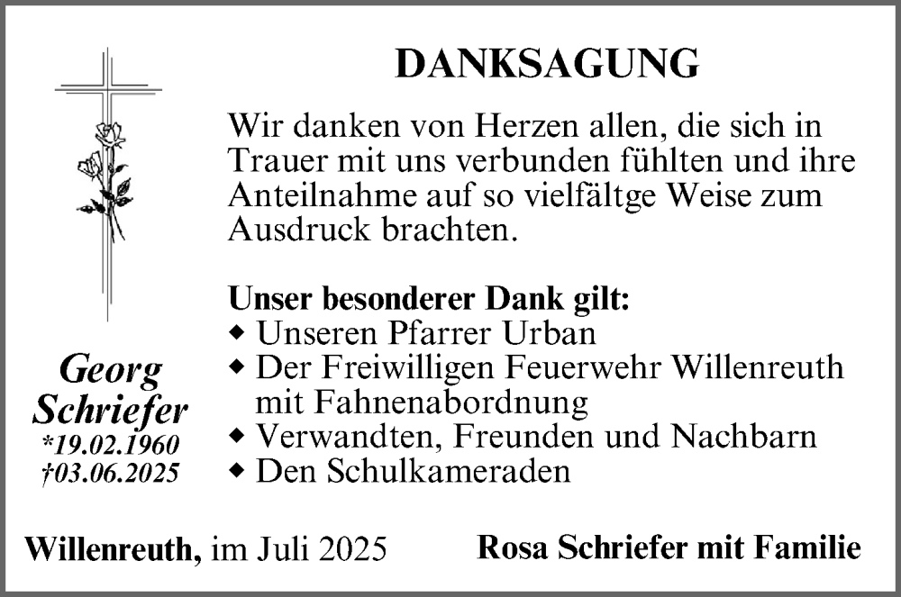  Traueranzeige für Georg Schriefer vom 19.07.2025 aus Nordbayerische Nachrichten Pegnitz Lokal