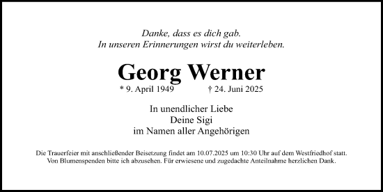 Traueranzeige von Georg Werner von Gesamtausgabe Nürnberger Nachrichten/ Nürnberger Ztg.