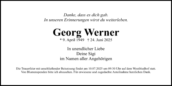 Traueranzeige von Georg Werner von Gesamtausgabe Nürnberger Nachrichten/ Nürnberger Ztg.
