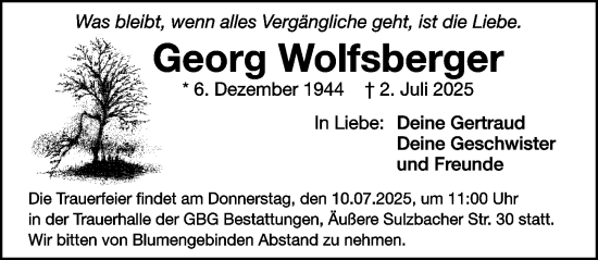 Traueranzeige von Georg Wolfsberger von Gesamtausgabe Nürnberger Nachrichten/ Nürnberger Ztg.