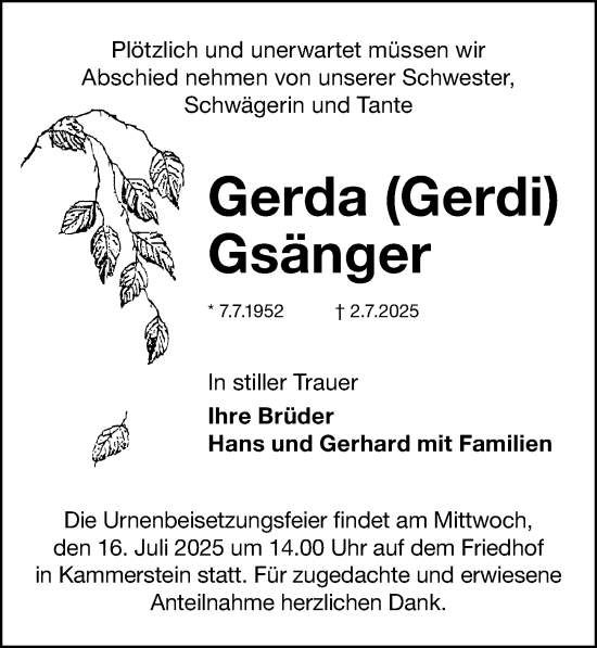 Traueranzeige von Gerda Gsänger von Schwabacher Tagblatt Lokal