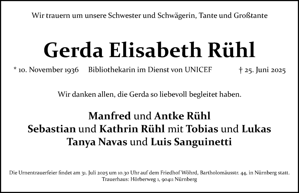  Traueranzeige für Gerda Elisabeth Rühl vom 19.07.2025 aus Gesamtausgabe Nürnberger Nachrichten/ Nürnberger Ztg.