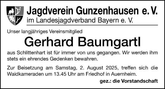 Traueranzeige von Gerhard Baumgartl von Altmühl-Bote Lokal