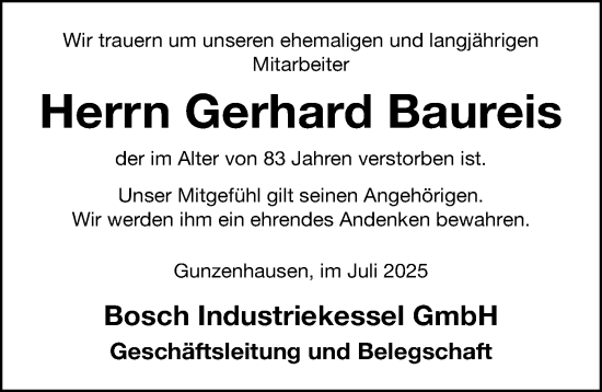Traueranzeige von Gerhard Baureis von Altmühl-Bote Lokal