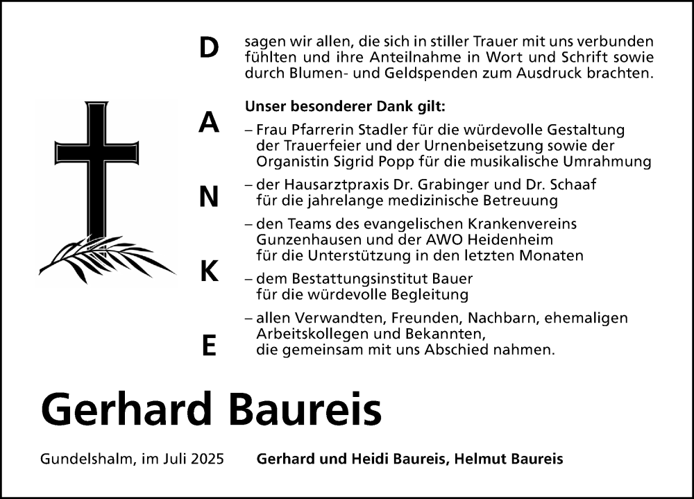  Traueranzeige für Gerhard Baureis vom 19.07.2025 aus Altmühl-Bote Lokal
