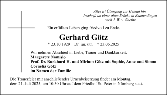 Traueranzeige von Gerhard Götz von Gesamtausgabe Nürnberger Nachrichten/ Nürnberger Ztg.