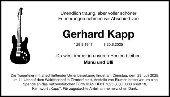 Traueranzeige von Gerhard Kapp von Fürther Nachrichten Lokal