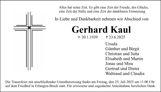 Traueranzeige von Gerhard Kaul von Erlanger Nachrichten Lokal