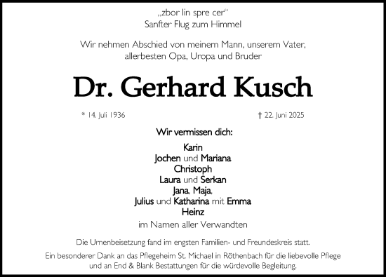 Traueranzeige von Gerhard Kusch von Gesamtausgabe Nürnberger Nachrichten/ Nürnberger Ztg.