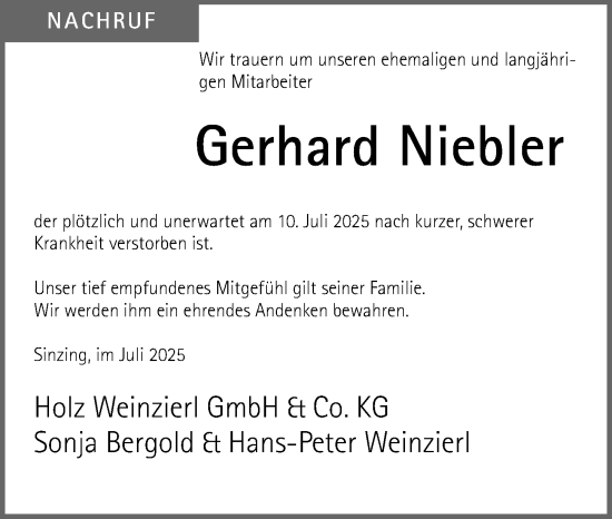 Traueranzeige von Gerhard Niebler von Neumarkter Nachrichten Lokal