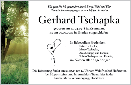 Traueranzeige von Gerhard Tschapka von Roth-Hilpoltsteiner Volkszeitung Lokal
