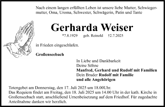 Traueranzeige von Gerharda Weiser von Nordbayerische Nachrichten Herzogenaurach Lokal
