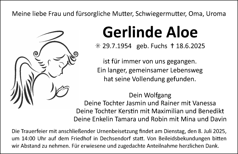  Traueranzeige für Gerlinde Aloe vom 05.07.2025 aus Erlanger Nachrichten Lokal