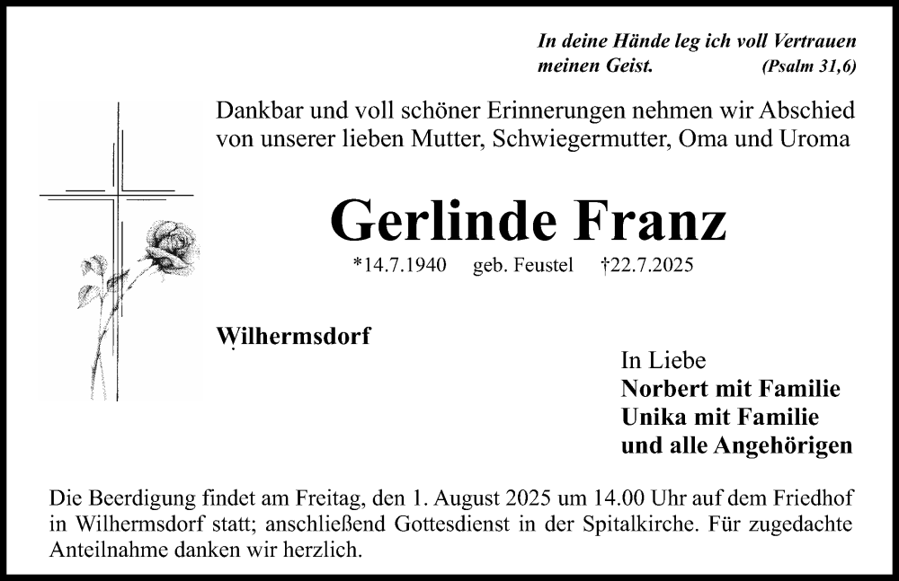  Traueranzeige für Gerlinde Franz vom 26.07.2025 aus Fürther Nachrichten Lokal