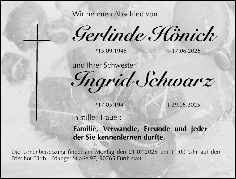  Traueranzeige für Gerlinde Hönick vom 19.07.2025 aus Fürther Nachrichten Lokal